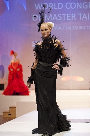 Black gown - chiffon, duchess and satin, with feathers