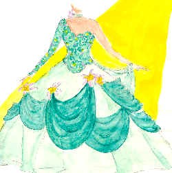 Sketch of an asymmetric evening dress with hoop skirt
