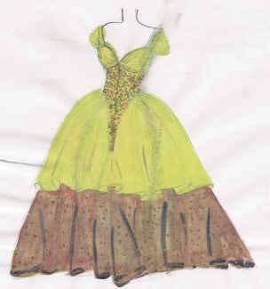 Sketch of an evening dress in green and brown